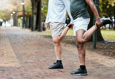 Buy stock photo Fitness, park and men stretching legs before running, exercising and workout outdoors together. Health, wellness and friends doing exercise, stretch and training for marathon, sports and cardio