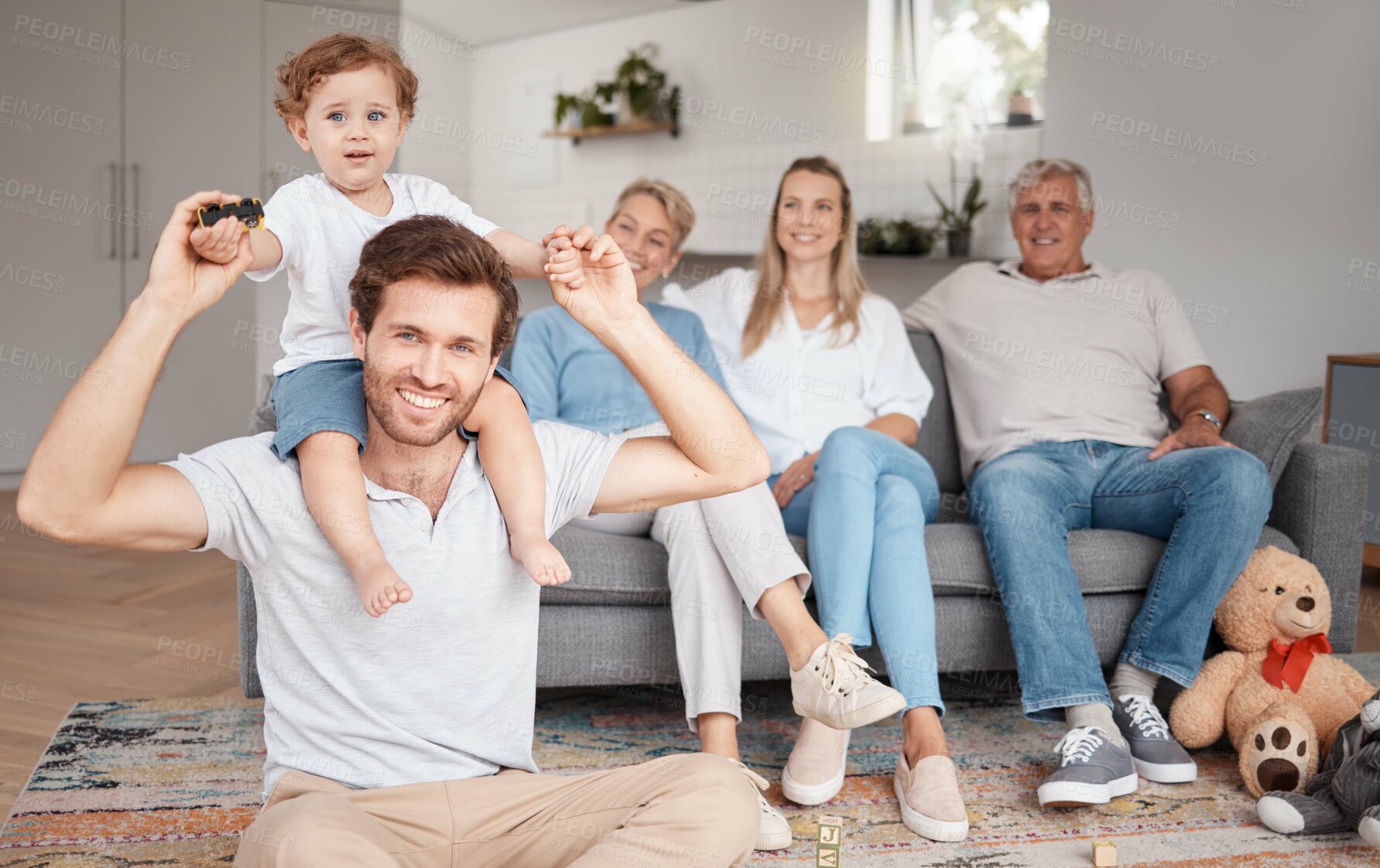 Buy stock photo Baby, love and family portrait, playing and having fun together with happiness. Happy, smile and care of father carrying boy, child or kid with mother bond, grandparents enjoying and smiling in house