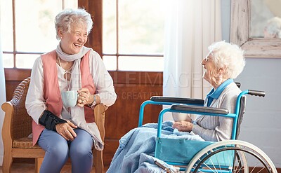 Buy stock photo Disabled senior woman, friends and coffee with smile, funny conversation or talking with laugh, wheelchair or happy. Elderly women, drinking tea ort enjoy communication, joke and bond in retirement  