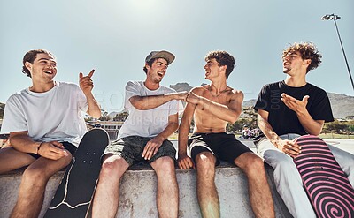 Buy stock photo Young men, skater and skateboard, relax outdoor in skate park, urban and skateboarder friends in city. Friendship, extreme sport and fitness, trendy and youth talking while skating together.