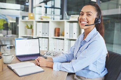 Buy stock photo Call center, customer support and portrait of Latin woman at desk in corporate office on laptop, headset and smile. Receptionist, crm and friendly female consulting agent working in customer service