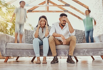 Buy stock photo Tired parents, running children and family in a room feeling anxiety, headache and stress. Kids chaos, sofa jump and fatigue of mom and father together on a couch frustrated and burnout from noise