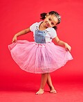 Dance, child and curtsy in princess dress, fantasy and red background on studio mockup. Happy kids holding ballerina skirt, fairytale clothes and fashion crown with smile, play and girly happiness 