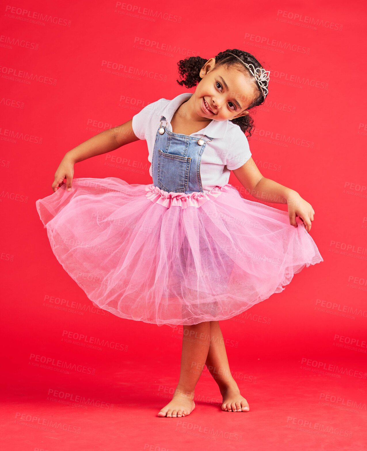 Buy stock photo Dance, child and curtsy in princess dress, fantasy and red background on studio mockup. Happy kids holding ballerina skirt, fairytale clothes and fashion crown with smile, play and girly happiness 