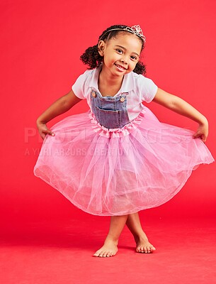 Buy stock photo Dance, happy child and portrait in princess dress, fantasy and red background on studio mockup. Kids holding ballerina skirt, fairytale clothes and fashion crown with smile, play and girly happiness 