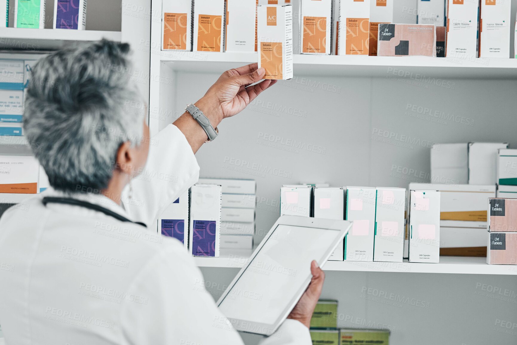 Buy stock photo Pharmacy, tablet and mockup with senior woman in store for healthcare, wellness or retail. Product, technology and prescription with pharmacist and medicine stock for shopping, medical or inventory