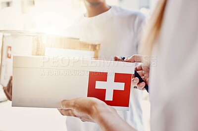 Buy stock photo Delivery, box and people with QR code for healthcare, package and e commerce courier services. Telehealth supplier giving mail, post or pharmacy shipping to woman for online shopping in supply chain