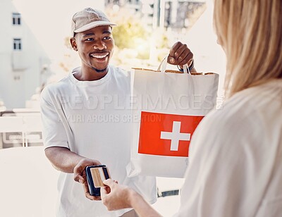 Buy stock photo Delivery, pharmacy and people package for online payment, ecommerce and credit card in fintech. Courier services, telehealth and pharmaceutical worker giving bag to woman for medical supply chain