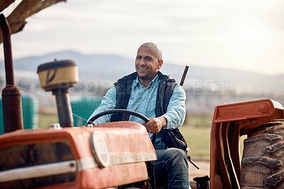 Buy stock photo Tractor, man and driver on field for agriculture, countryside or sustainability in nature. Happy farmer worker driving machine truck, transport and sustainable ecology with happiness of land harvest