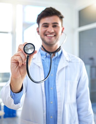 Buy stock photo Cardiology doctor, stethoscope and man in portrait for healthcare, heart wellness and consultation pov in hospital. Friendly medical professional or cardiologist in clinic exam for  happy services