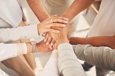 Buy stock photo Business women, hands together and unity above in partnership or trust for teamwork, collaboration or support at office. Woman group piling hand in team building for cooperation, motivation or union
