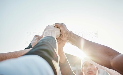 Buy stock photo Hands up, motivation or sports men in huddle with support, hope or faith on baseball field in game together. Teamwork, fist or group of young softball athletes with goals, mission or solidarity 
