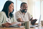 Budget, finance and happy interracial couple planning home investment, savings or mortgage and taxes together in the living room. Married people review financial insurance document or paperwork