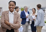 Business meeting, black woman and office team with collaboration and manager with a smile. Planning, happiness and teamwork of company group with a proud boss ready for work and job leadership