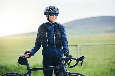 Buy stock photo Happy woman, athlete and bicycle in nature for exercise, training and triathlon sports. Female cyclist, bike gear and thinking of cycling, fitness motivation and cardio performance, freedom and smile