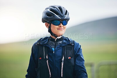 Buy stock photo Happy woman, cycling athlete and thinking in nature for exercise, training and triathlon sports. Female cyclist, bike helmet and glasses for fitness gear, motivation and freedom of cardio performance