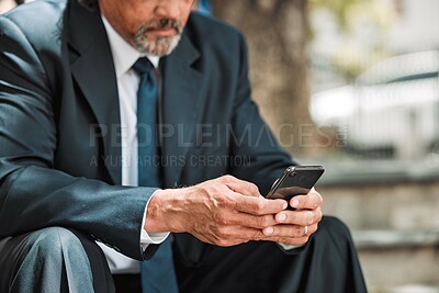 Buy stock photo Phone, hands and business man in city for networking, communication and social media. Technology, internet and contact with closeup of employee and mobile app for website, digital and notification