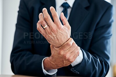 Buy stock photo Wrist problem, hands and corporate person with anatomy injury, medical emergency crisis or hurt muscle strain. Trauma accident, carpal tunnel syndrome or closeup consultant, worker or agent with pain