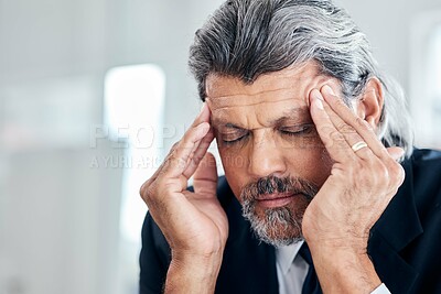 Buy stock photo Headache, face and senior business man with depression, corporate mistake or mental health crisis. Office anxiety, migraine pain and professional elderly person stress, problem and overwhelmed