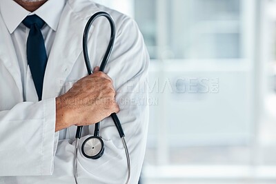 Buy stock photo Doctor, stethoscope and health, confidence and hand, cardiology with mockup space and medical professional at hospital. Cardiovascular healthcare, surgeon and medicine, expert and physician at clinic