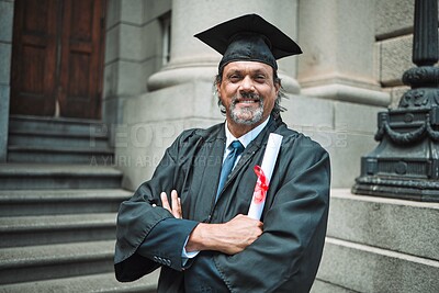 Buy stock photo Mature lawyer man, graduation portrait and smile in street, city or court with pride, diploma and arms crossed. Senior attorney, happy and excited with certificate, award and education for law career