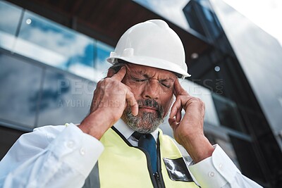 Buy stock photo Headache problem, city architect and man depressed over development project, property mistake or anxiety. Urban face, architecture and senior person with migraine, civil engineering fail or stress