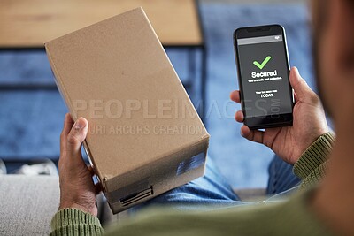 Box label, phone screen and person hands reading security verification check, safety scan or track online shopping order. Tick, mail shipping and home customer with cellphone, delivery app or package