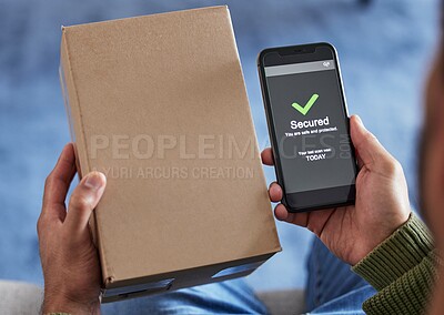 Cardboard box label, phone screen or person hands with security check success, safety scan or export order verification. Tick, mail or home client with mobile app, retail delivery or shopping product