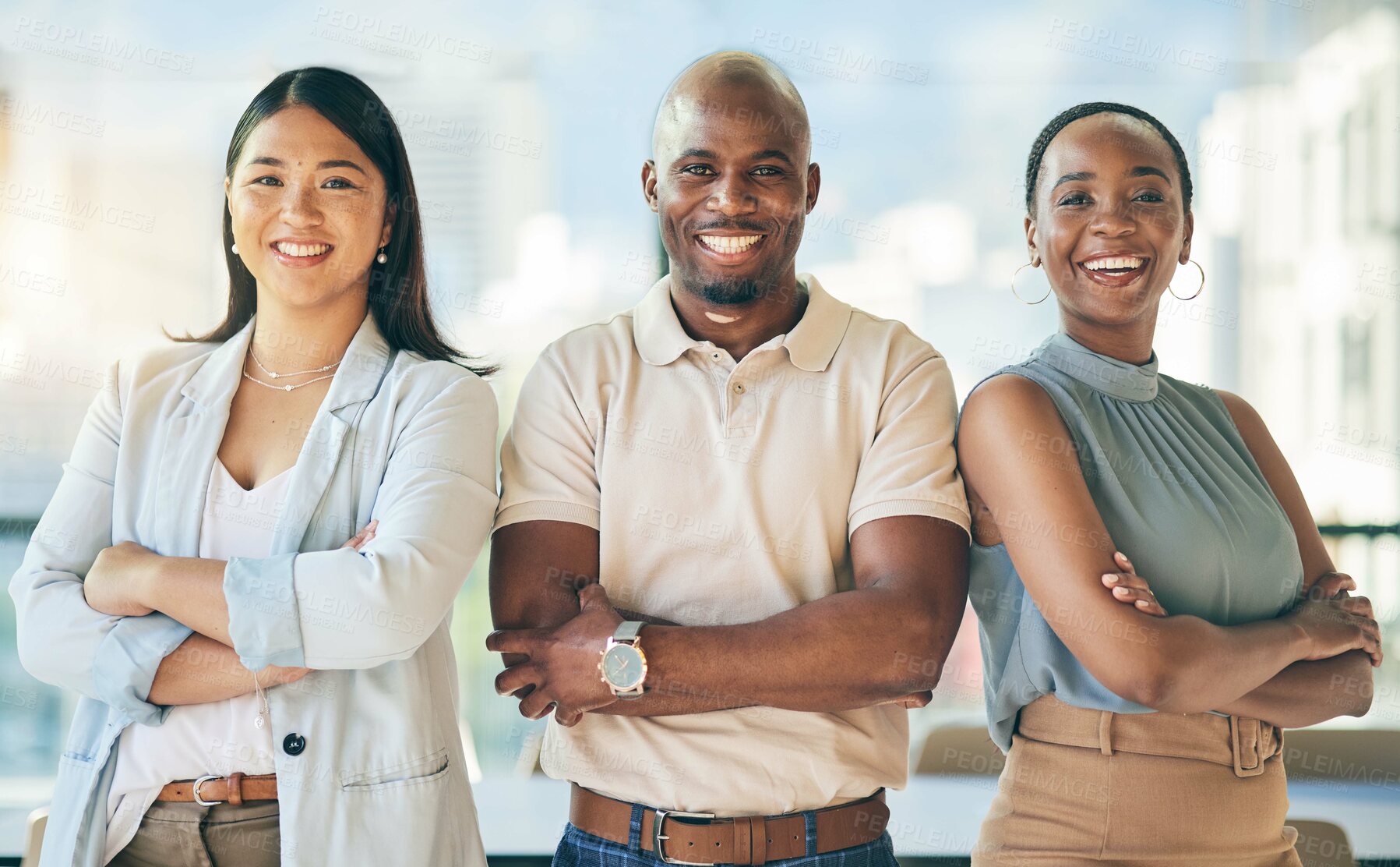 Buy stock photo Happy, crossed arms and portrait of a business people in the office with confidence and happiness. Young, corporate and face headshot of group of professional designers standing in a modern workplace