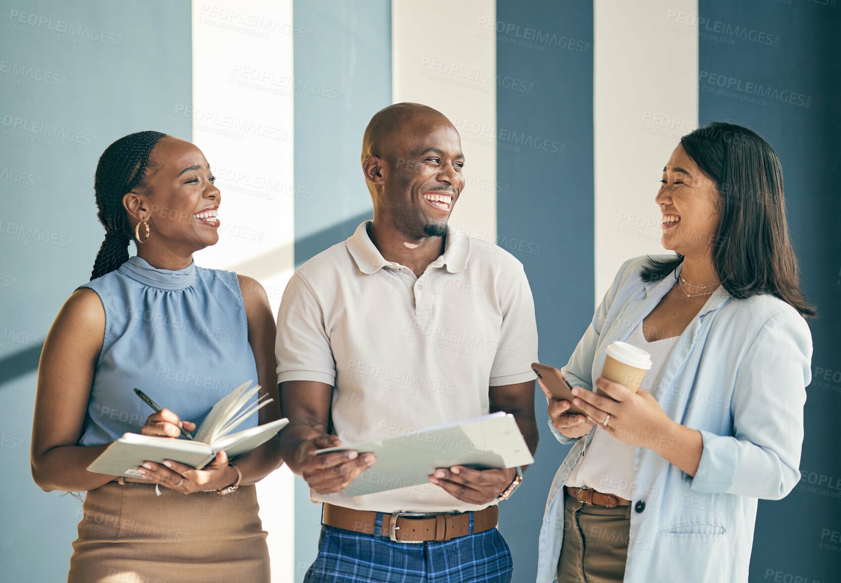 Buy stock photo Collaboration, meeting and friends, diversity and happy people in the workplace, casual conversation and laughing together. Business team, corporate group and share ideas, professional and funny talk