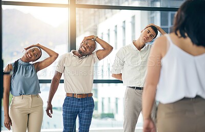 Buy stock photo Exercise, stretching and a group of business people in the office to workout for health or mobility together. Fitness, wellness and training with an employee team in the workplace for a warm up