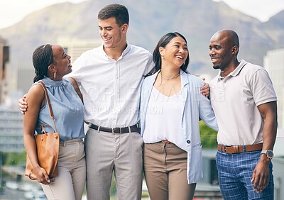 Buy stock photo Group of business people, hug on rooftop together for team building in city with happy support and trust. Smile, men and women embrace outside for motivation and bonding for human resources employees