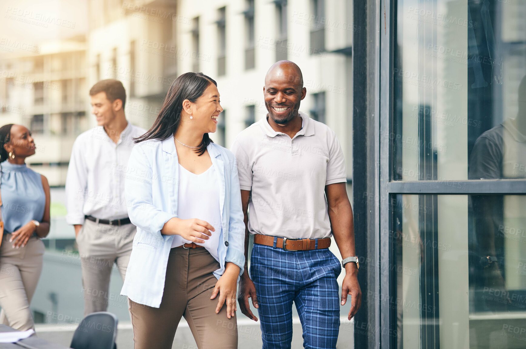 Buy stock photo Happy, employees and walking into work building in Atlanta, city and urban corporate office or commute in the morning. Social, conversation and friends outdoor in communication to relax on break