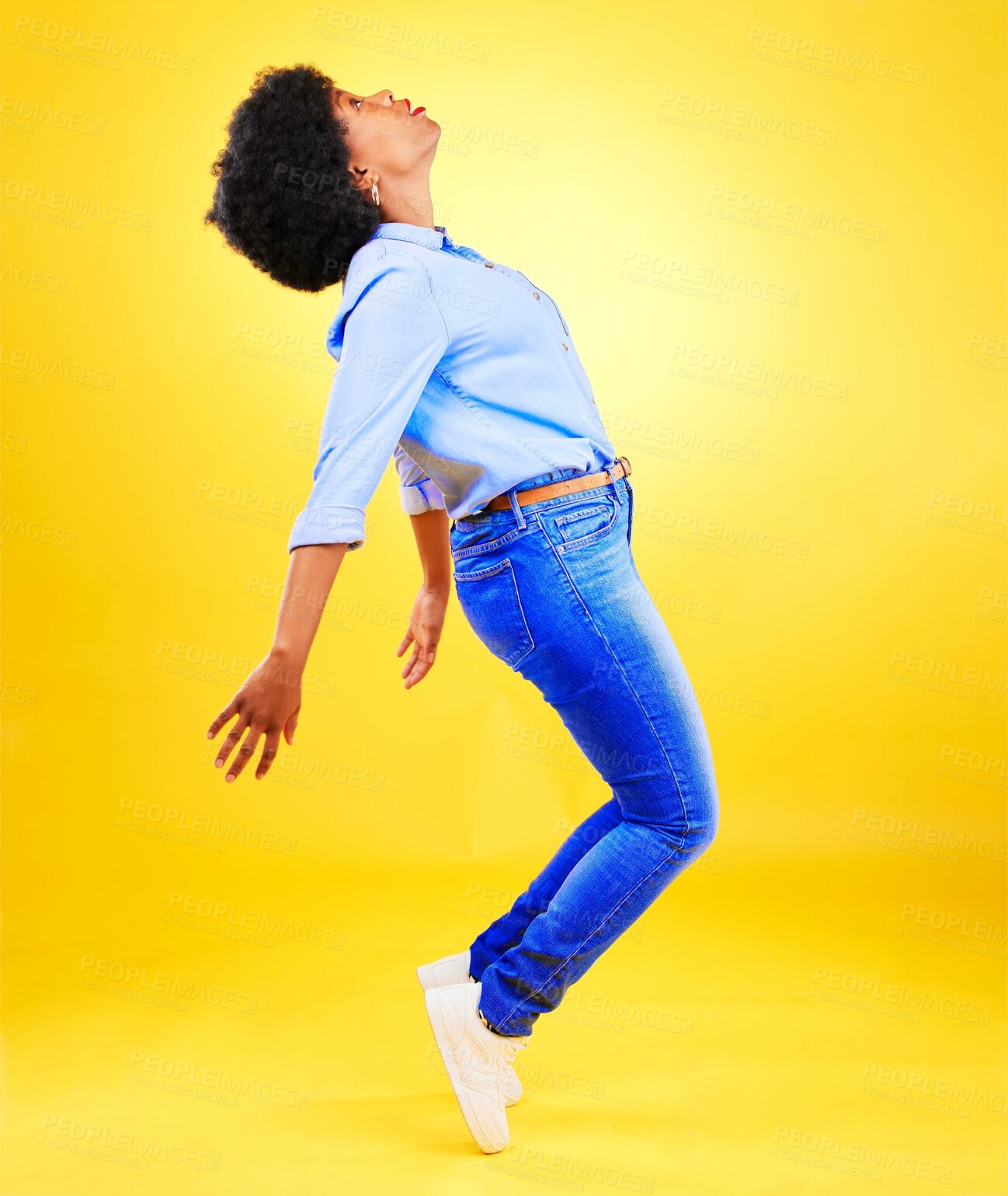 Buy stock photo Dance, balance and woman on tiptoe in studio with fun energy, positive attitude or action. Profile of African model person isolated on yellow background as freedom, belief and faith or casual fashion