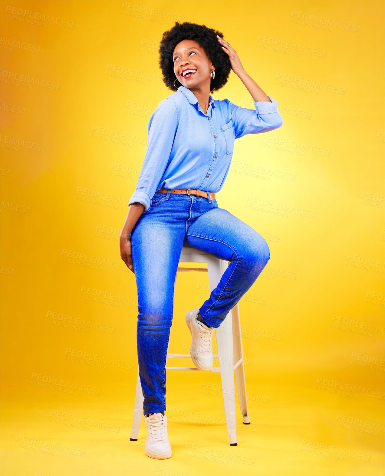 Buy stock photo Black woman, thinking and smile on a chair in studio, yellow background or natural happiness with casual fashion and style. African, gen z or model relax with ideas for creative, mockup or space