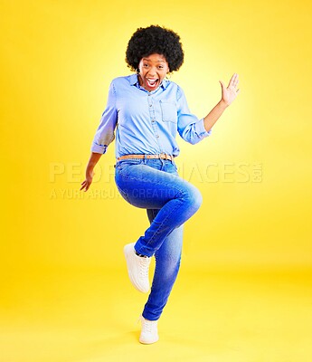 Buy stock photo Happy, excited and a woman in studio with fun energy, positive attitude and action. Portrait of African model person isolated on yellow background for freedom dance, winner or celebration of success