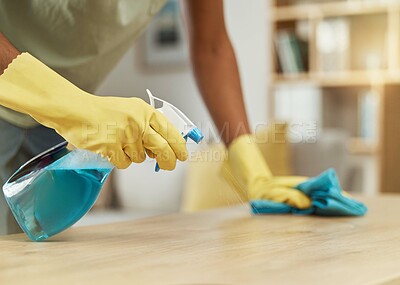 Buy stock photo Hands, cleaner and chemical, cloth and table, disinfecting surface and bacteria with hygiene and housekeeper person. Maintenance, labor closeup with spring cleaning, janitor and fabric with detergent