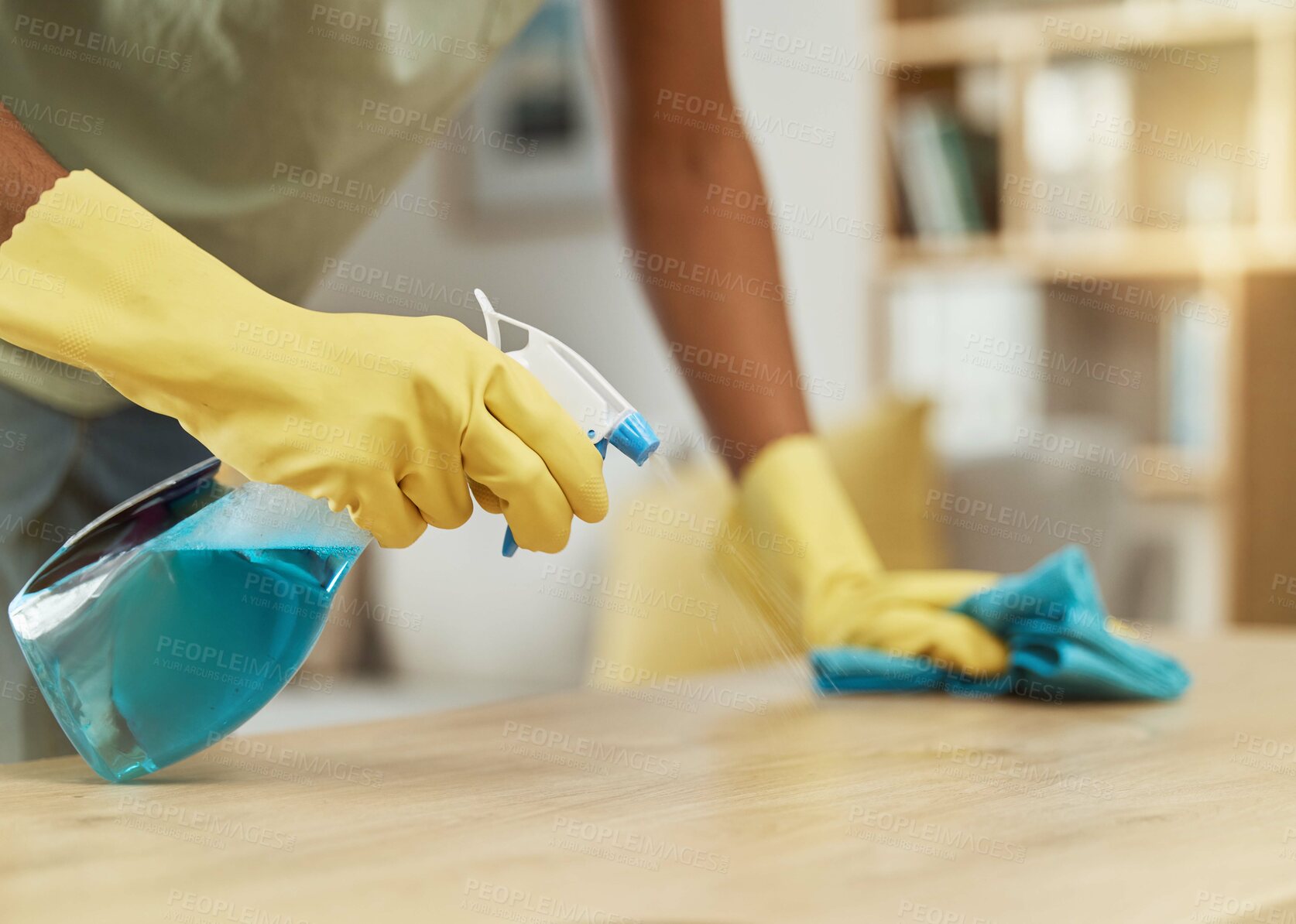 Buy stock photo Hands, cleaner and chemical, cloth and table, disinfecting surface and bacteria with hygiene and housekeeper person. Maintenance, labor closeup with spring cleaning, janitor and fabric with detergent