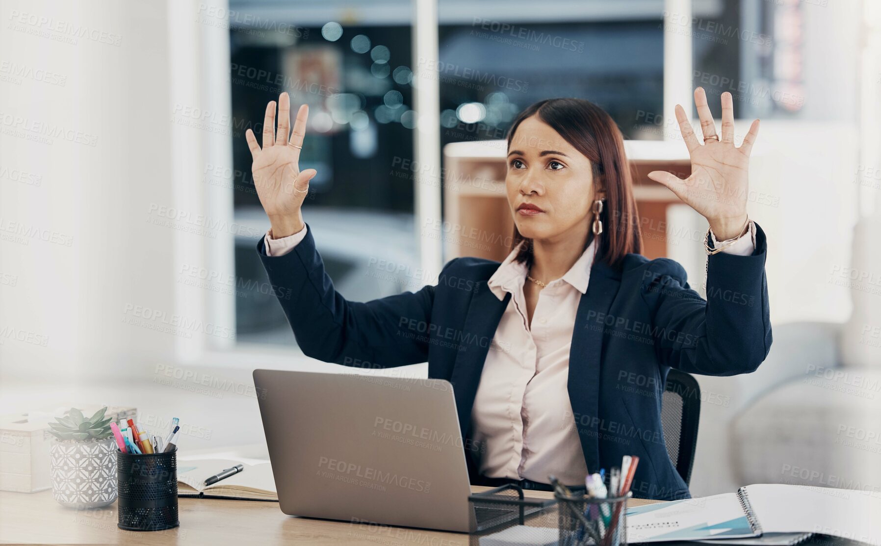 Buy stock photo Hands, invisible screen and business woman in office with virtual, tech and futuristic hologram for ai or programming work Ux, innovation and entrepreneur in corporate workplace with cyber dashboard