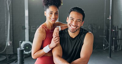 Buy stock photo Portrait, smile and a fitness couple in the gym together for health, wellness training or a workout. Exercise, love and an athlete with a personal trainer or coach in a sports center for a challenge