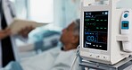 Patient, doctor and heart monitor, health and help with advice, vital sign or numbers with rehabilitation in hospital. People with healthcare, screen and medical emergency, cardiology and EKG machine