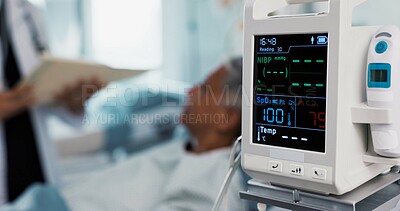 Buy stock photo Patient, doctor and heart monitor, health and help with advice, vital sign or numbers with rehabilitation in hospital. People with healthcare, screen and medical emergency, cardiology and EKG machine