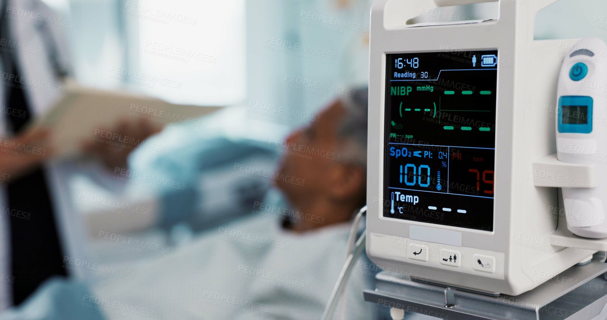 Buy stock photo Patient, doctor and heart monitor, health and help with advice, vital sign or numbers with rehabilitation in hospital. People with healthcare, screen and medical emergency, cardiology and EKG machine