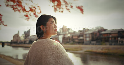 Buy stock photo Woman, outdoor and thinking with ideas, summer and happy with wonder, daydreaming and nature. Japanese person, park and girl with decision, opportunity and wonder with thoughts, choice and spring