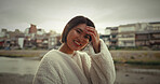 Woman, japan and portrait with a smile from travel, vacation, and holiday with freedom in a city. Japanese person, journey and laugh on a urban road with adventure in Tokyo with modern fashion 