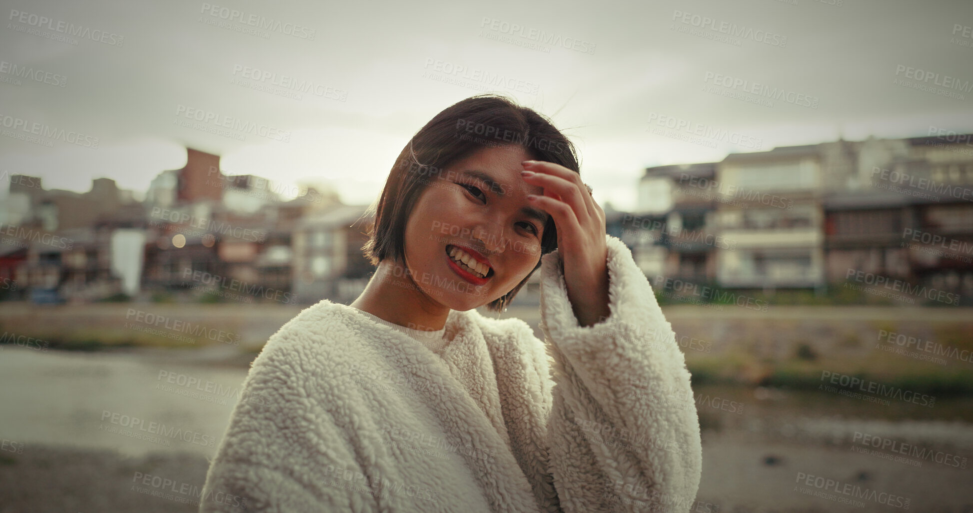 Buy stock photo Woman, japan and portrait with a smile from travel, vacation, and holiday with freedom in a city. Japanese person, journey and laugh on a urban road with adventure in Tokyo with modern fashion 