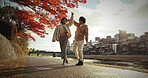 Young couple, dancing or love in city by canal, autumn leaves or happiness in bonding in nature. Man, woman and care for together by red maple tree, romance and blue sky in tokyo town by urban houses