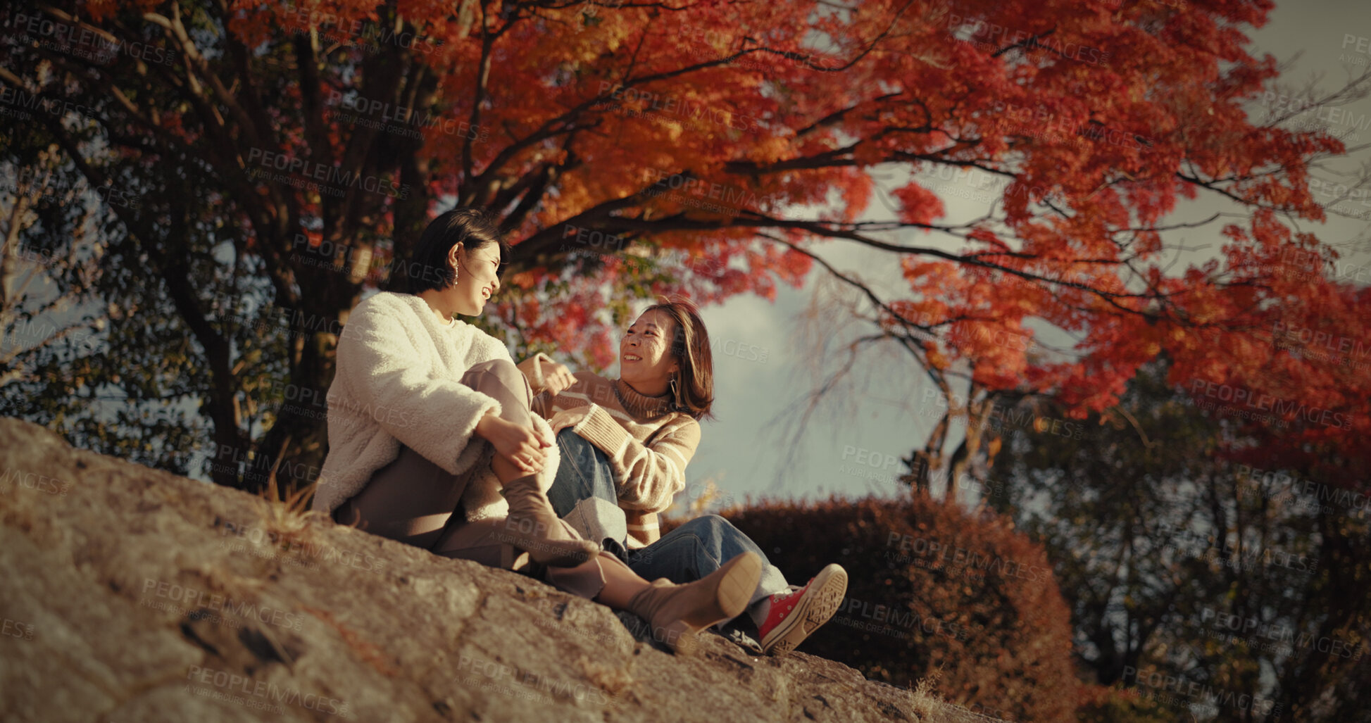 Buy stock photo Conversation, japan and friends with a smile from travel, vacation, and holiday with chat in a city. Japanese person, journey and communication on a urban road with adventure in Tokyo with bonding