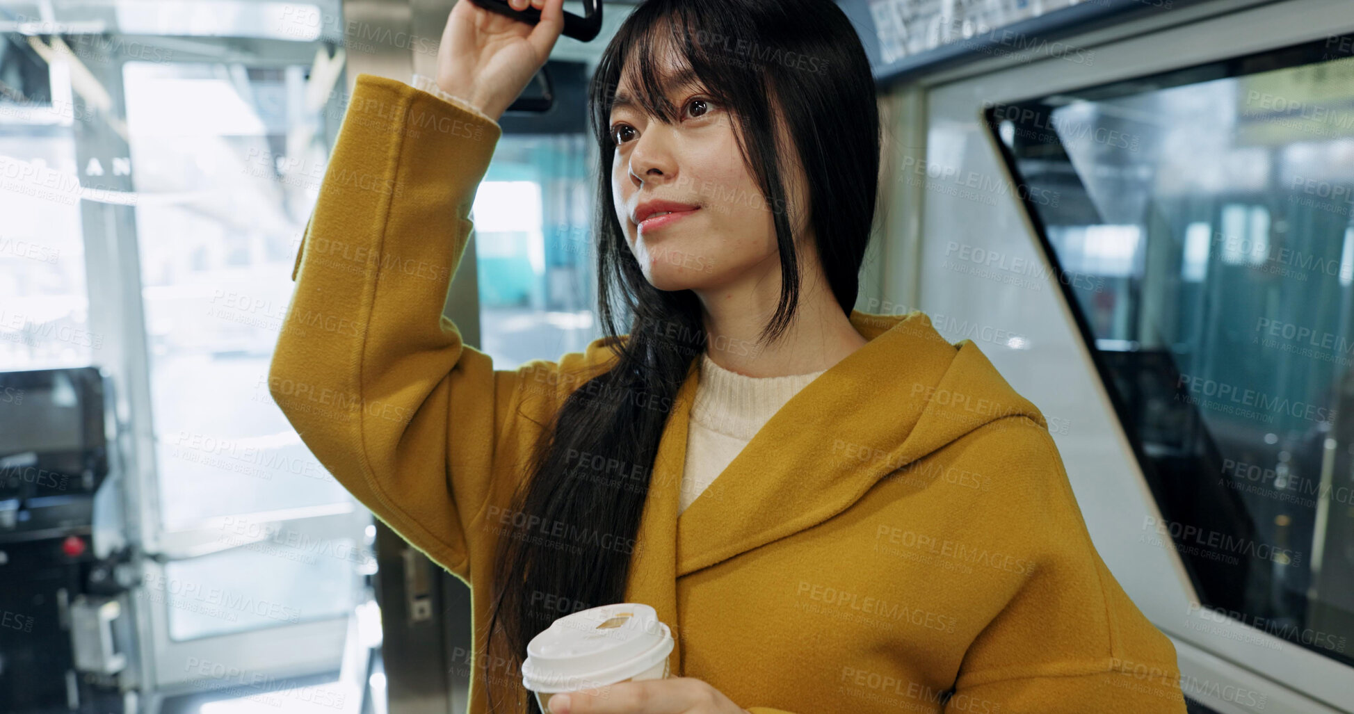 Buy stock photo Bus, morning and Japanese woman with student commute, travel and public transportation in city. Waiting, transport and traveler on a journey on a metro in town with coffee and thinking on a drive