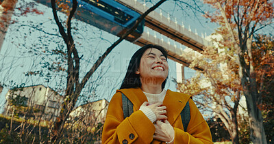 Buy stock photo Japanese, woman and happy travel in park on vacation, adventure and explore path with trees in autumn. Gen z, student and happy walk on holiday in nature, forest and train rail in Kyoto woods